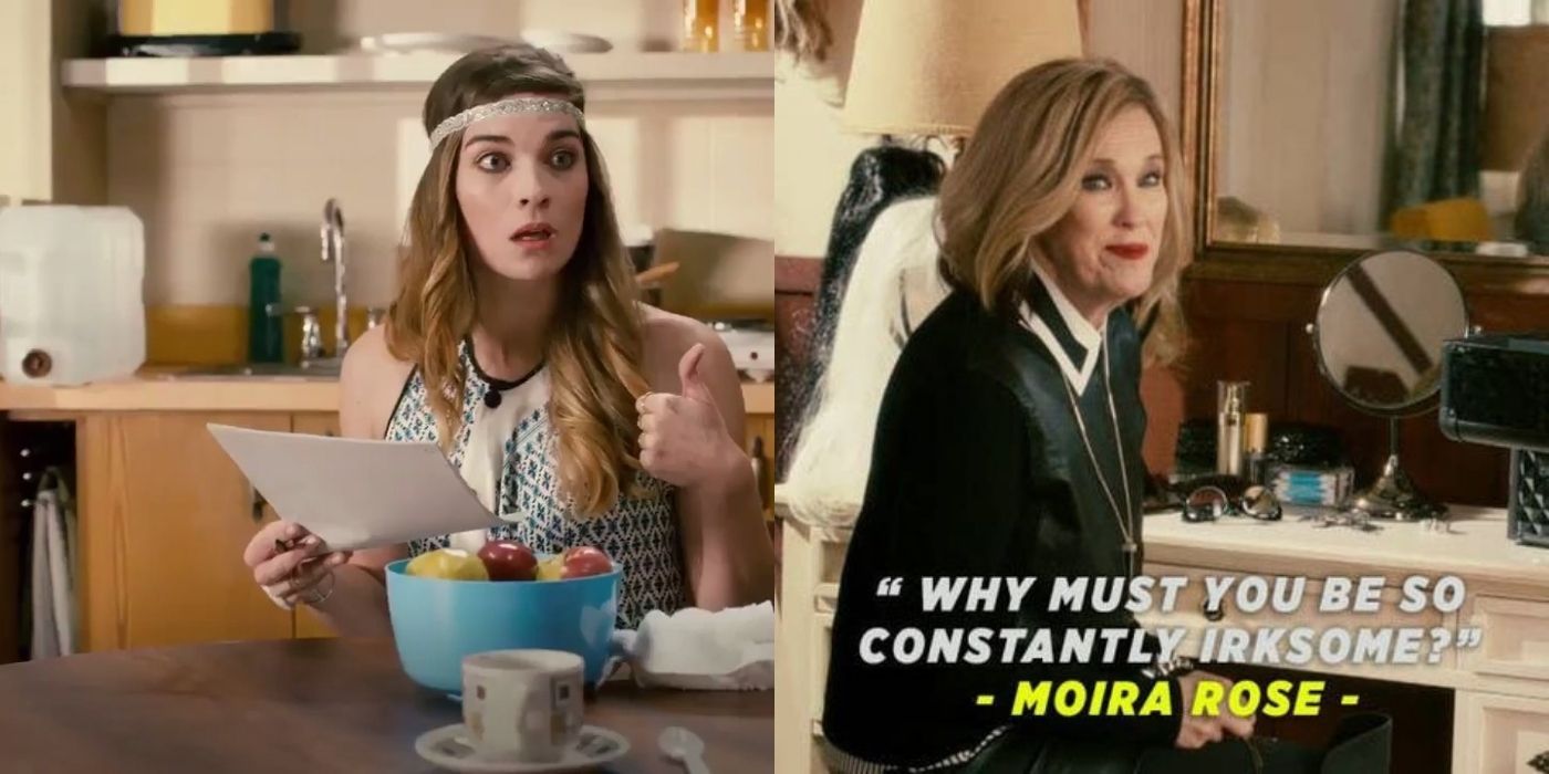 A split image of Alexis and Moira talking about her being irksome at the motel on Schitt's Creek