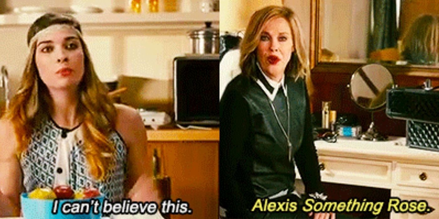 A split image of Alexis and Moira talking about her middle name on Schitt's Creek
