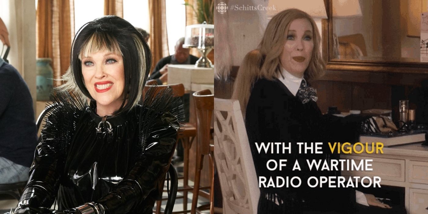 A split image of Moira Rose (Catherine O'Hara) in a strange black outfit and sitting in the hotel reception