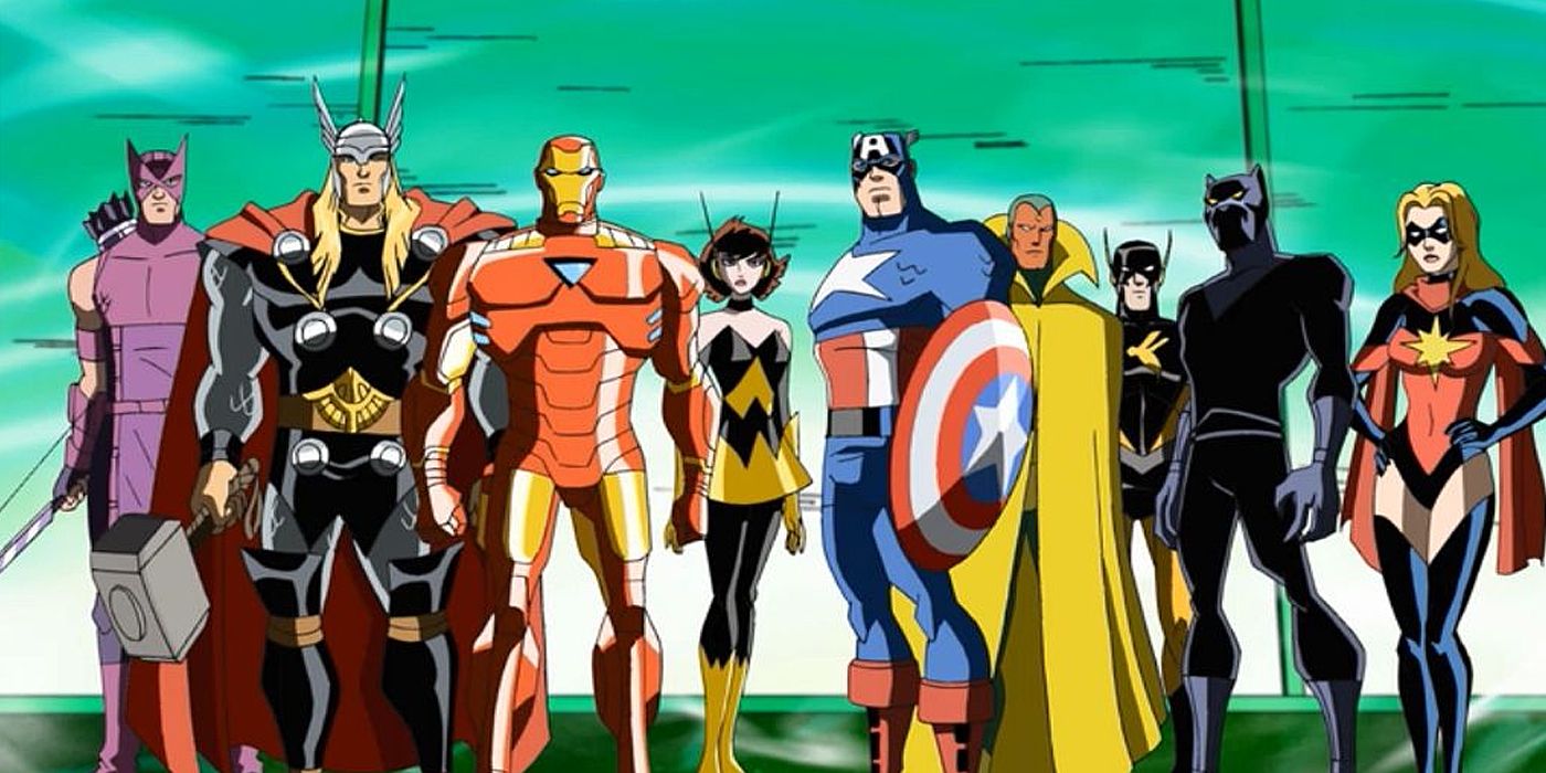 The Earth's Mightiest Heroes Avengers animated roster with Thor, Hawkeye, Iron Man, Wasp, Cap, Vision, Yellowjacket, Black Panther and Ms Marvel