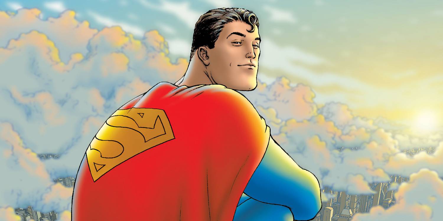 Superman senta-se em uma nuvem em All-Star Superman Comic Cover Art.