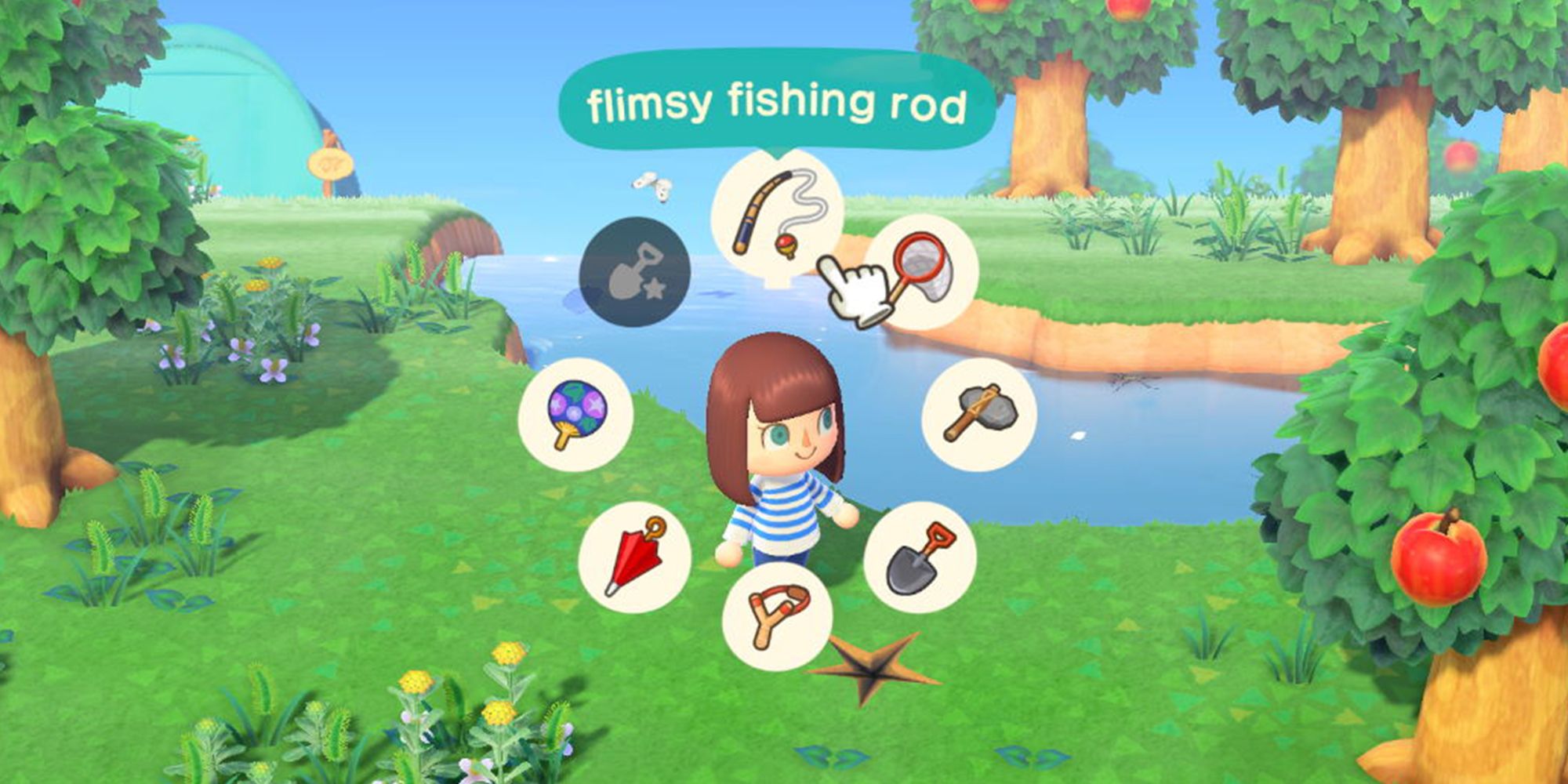 Animal Crossing New Horizons character with tools menu