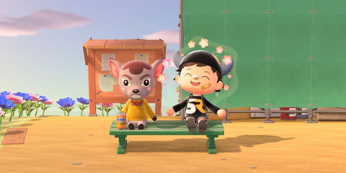 Animal Crossing character using the joy reaction on a bench
