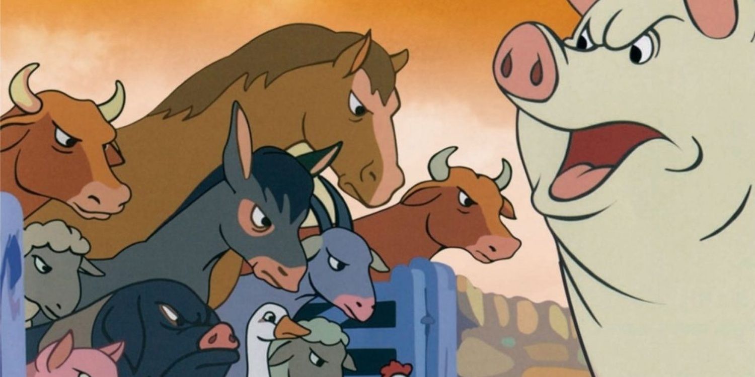 A still from 1954's Animal Farm movie featuring a pig and other angry barnyard animals