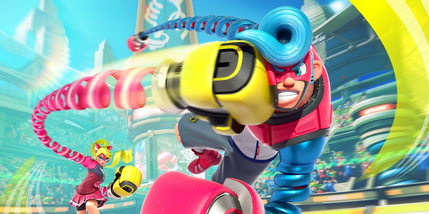 Uma imagem de um competidor sendo socado na capa do Arms Nintendo Switch