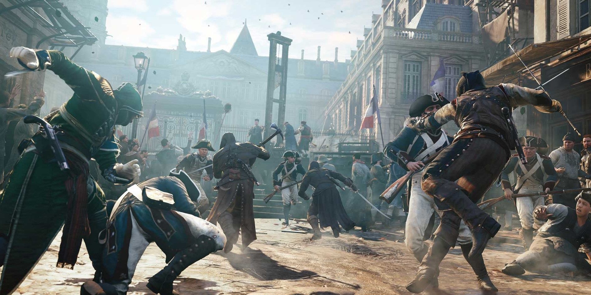 Arno e outros Assassinos em Assassin's Creed Unity lutando contra soldados franceses em uma praça em Paris.