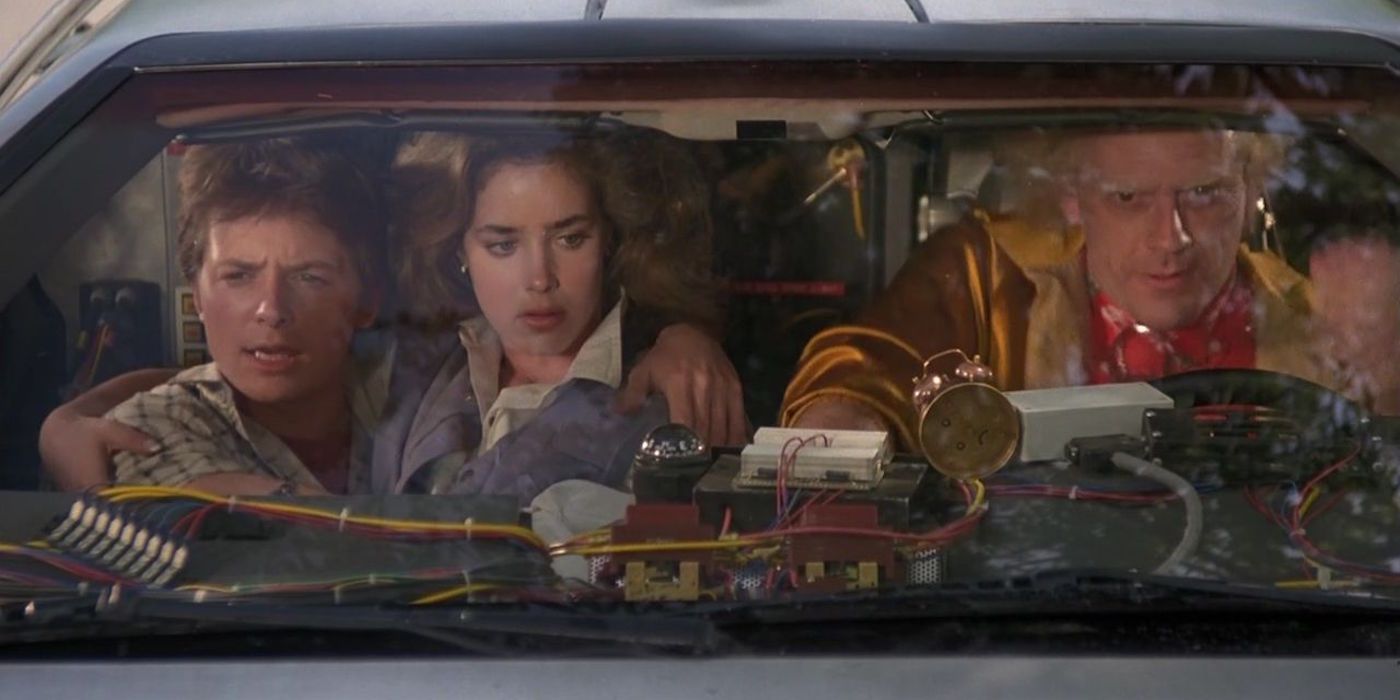 Marty, Jennifer, and Doc in the Delorean in Back to the Future