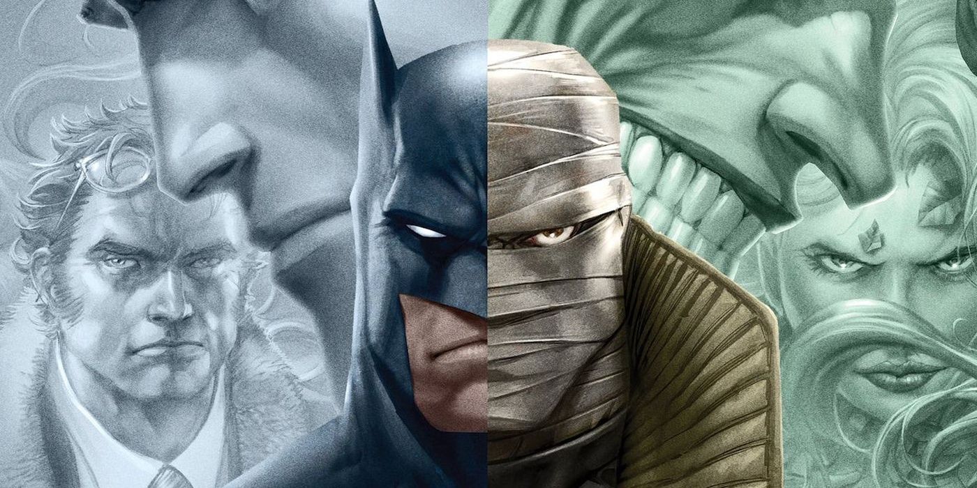 Batman's face split with Hush's on the cover for Hush