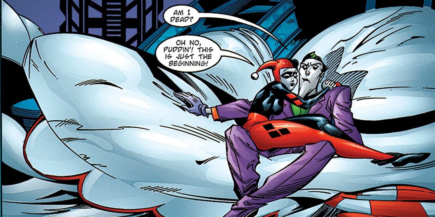 Harley Quinn and The Joker sit on a throne in No Man's Land comics.