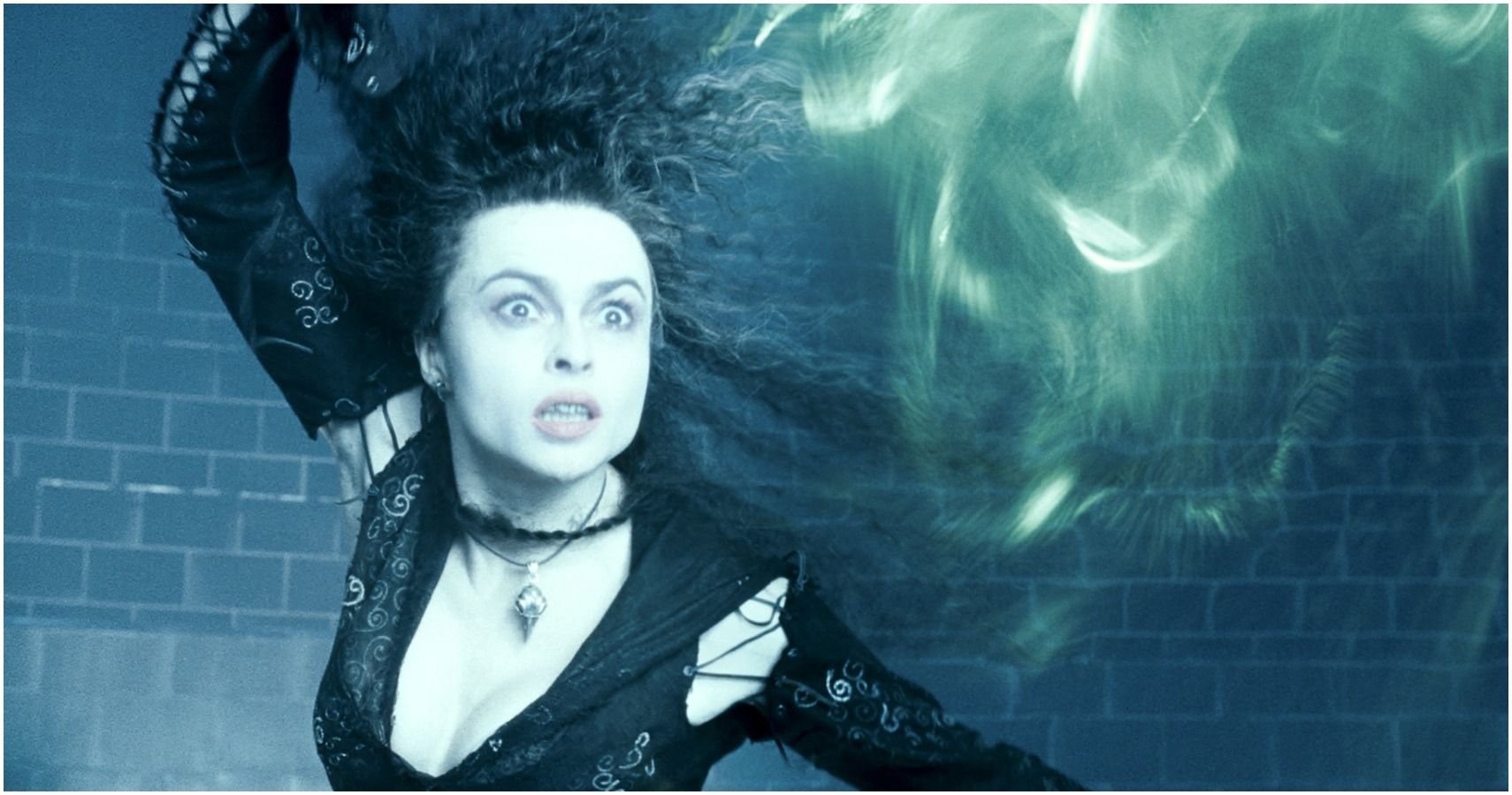 Bellatrix casting a curse in Harry Potter