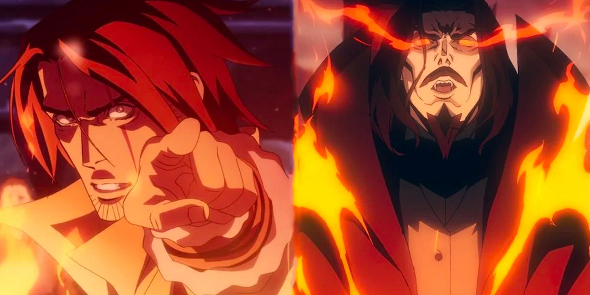Castlevania on Netflix, split image, Trevor and Dracula, both standing in flames