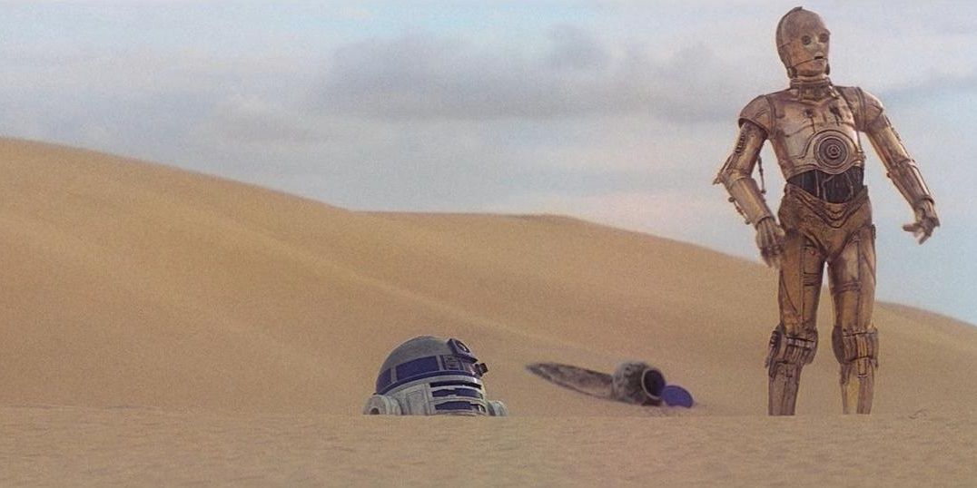 C-3PO and R2-D2 arrive on Tatooine and walk through the Dune Sea in A New Hope