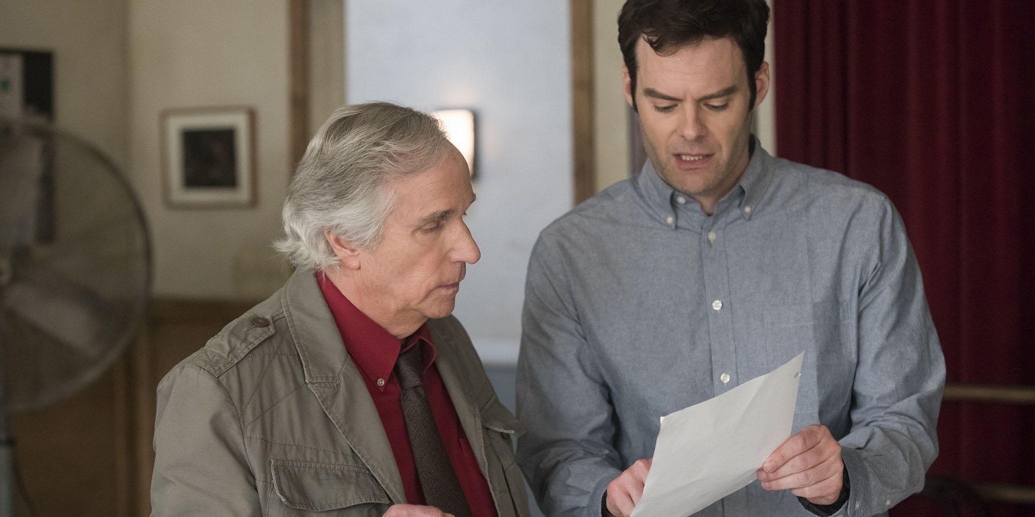 Bill Hader as Barry and Henry Winkler as Gene talking to each other in acting class in HBO Barry