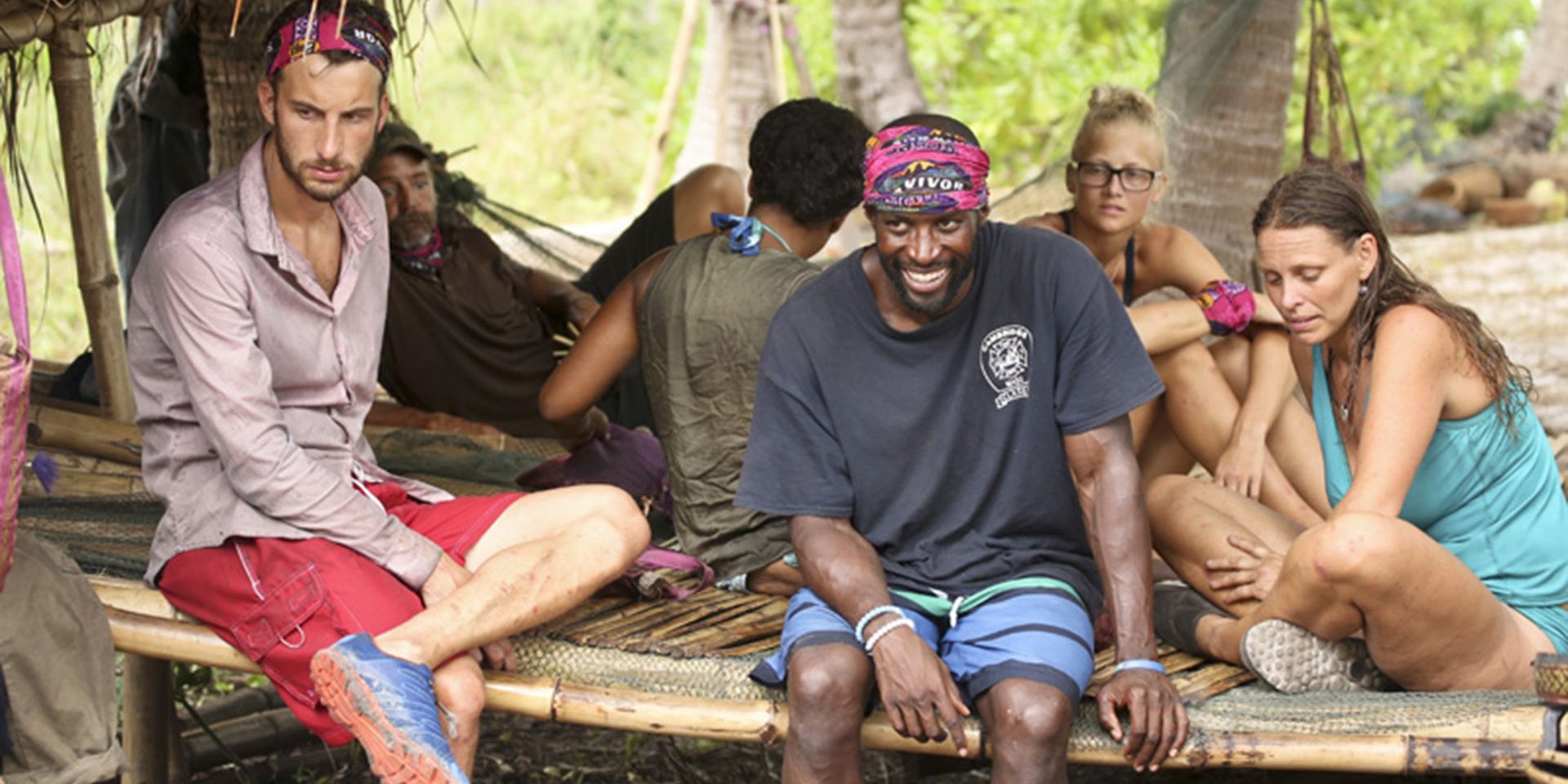 Players of Survivor: Cambodia sitting in the shelter