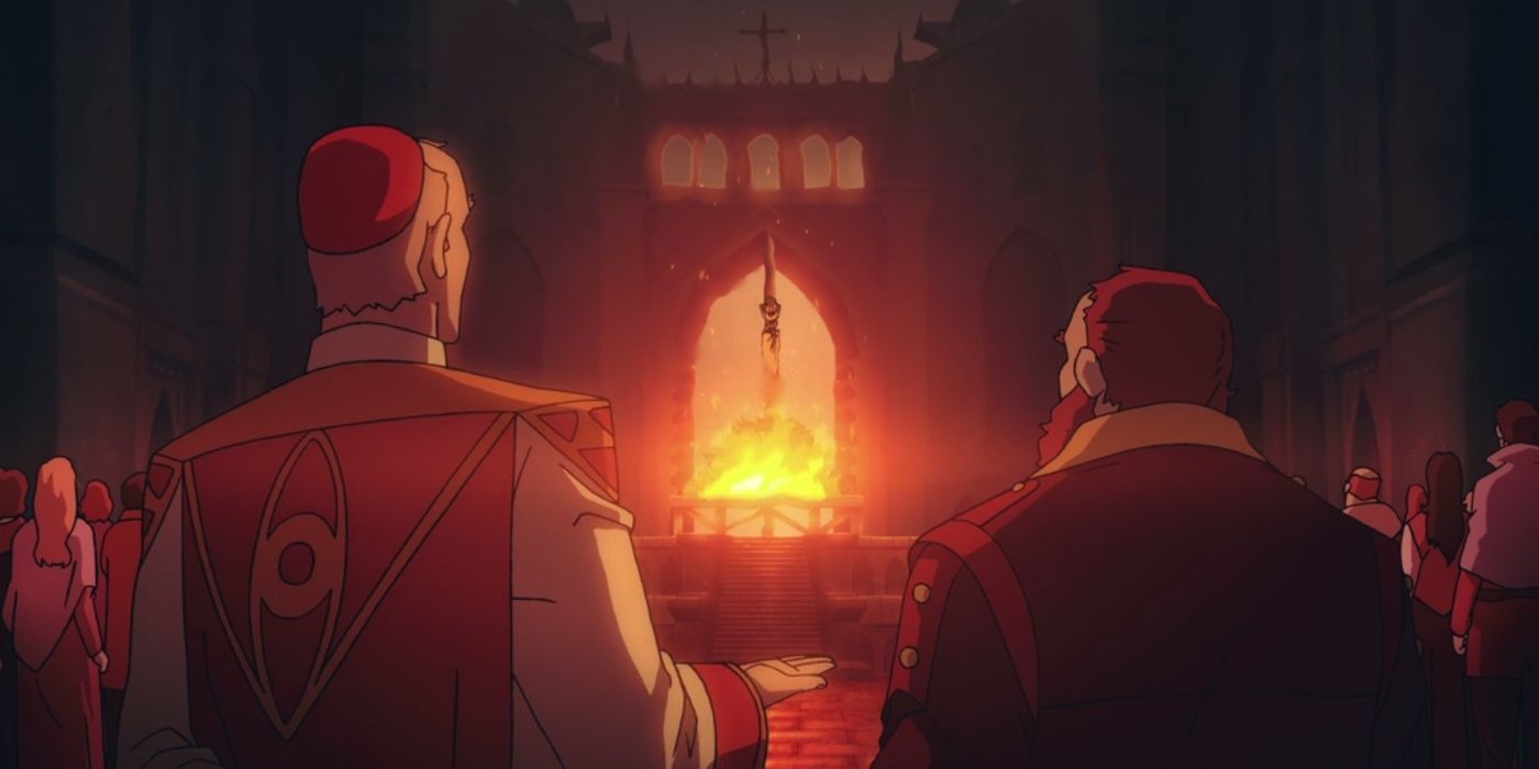 Castlevania, screenshot of Lisa burning in the background, Priest and Bishop in the foreground