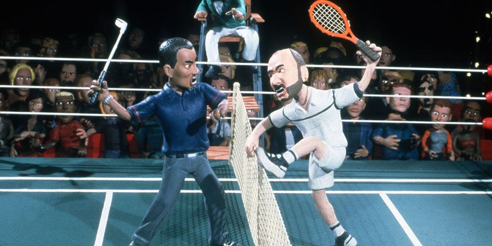 A scene showing a wretling match between celebrities in Celebrity Death Match