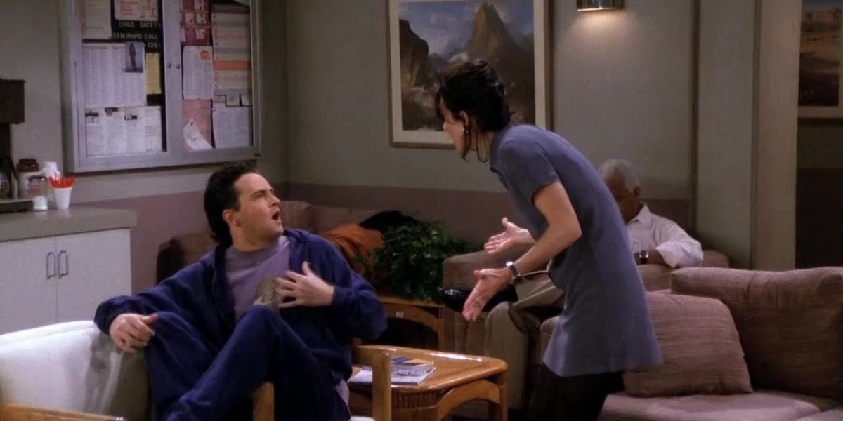 Chandler gets out of trouble by hitting out with a parachute joke in Friends