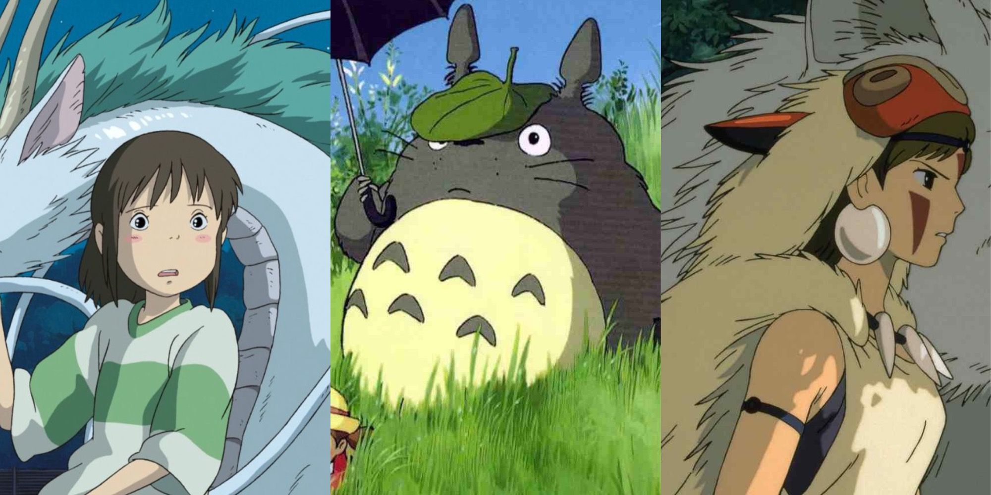 Chihiro, Totoro, and San in their respective Studio Ghibli movies
