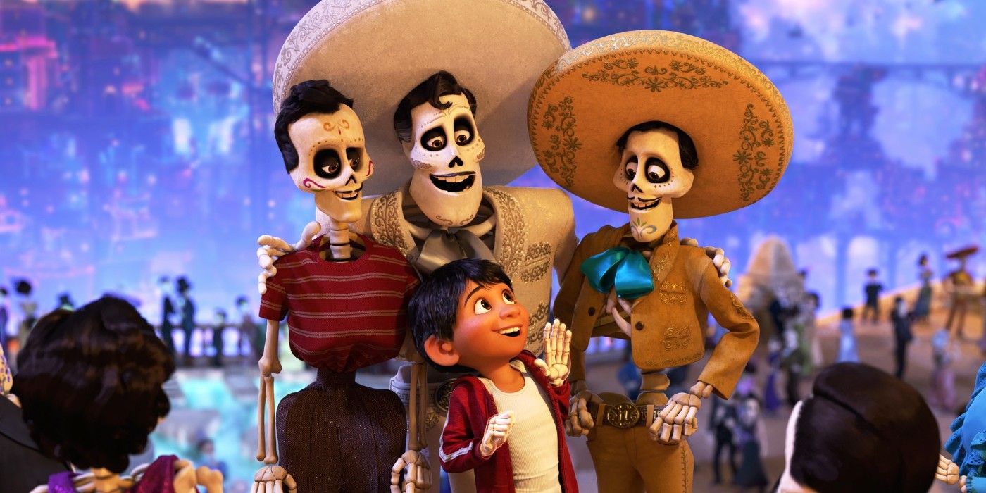 Miguel with Ernesto De La Cruz and other skeletons in Coco 