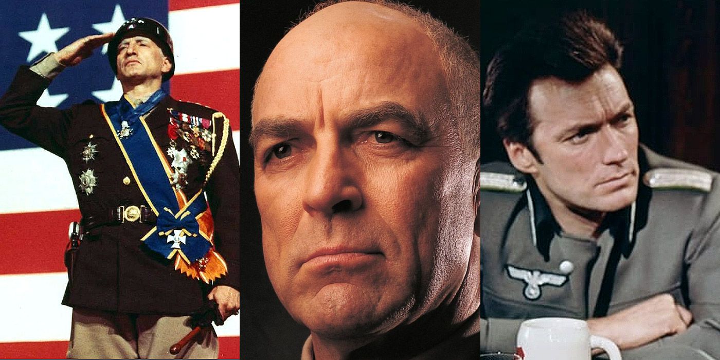 Split image of George C. Scott in Patton, Tom Selleck in Ike: Countdown to D-Day and Clint Eastwood in Where Eagles Dare