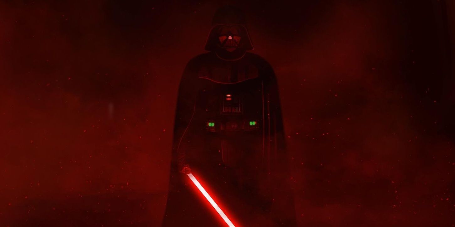 Darth Vader threateningly stands in the hallway with his glowing red lightsaber in Rogue One
