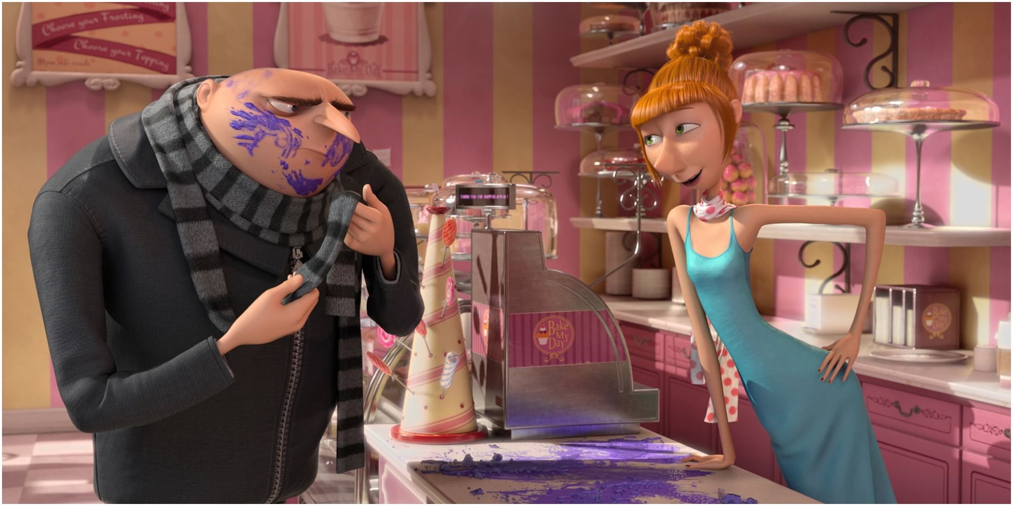 Gru covered in hand prints in a bakery in Despicable Me 2
