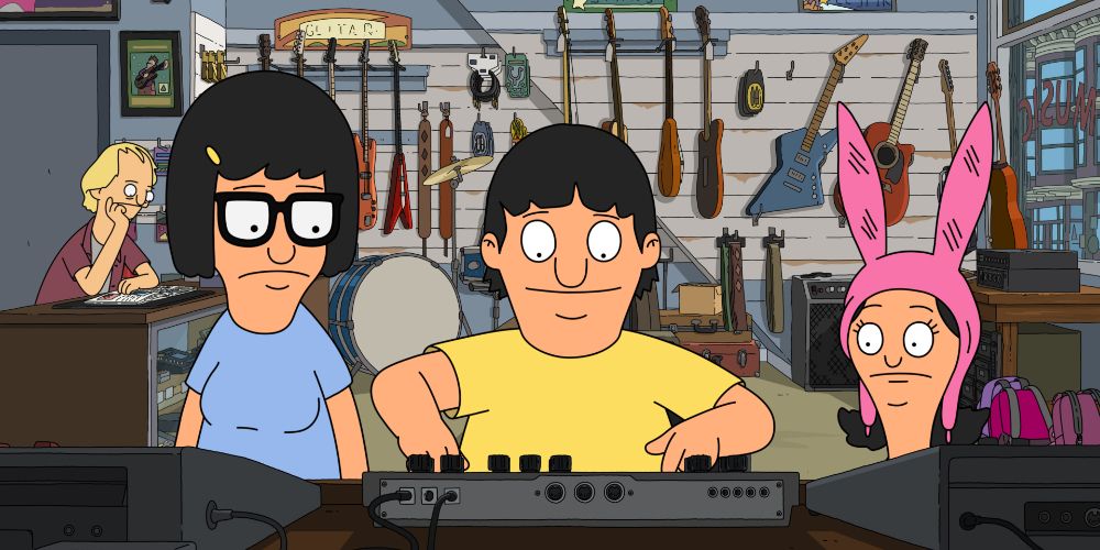 Gene playing with music equipment in Bob's Burgers while Tina and Louise look on