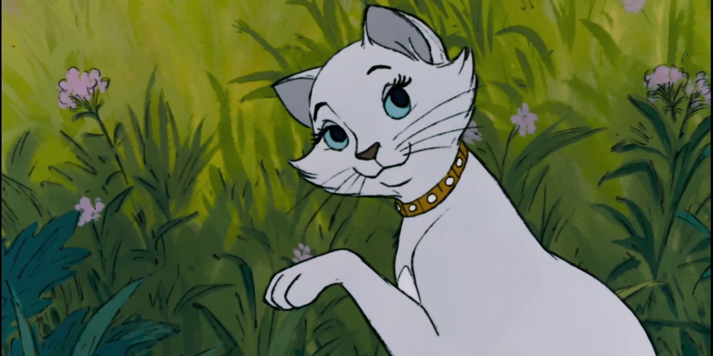 Duchess cleaning herself in a field in Aristocats