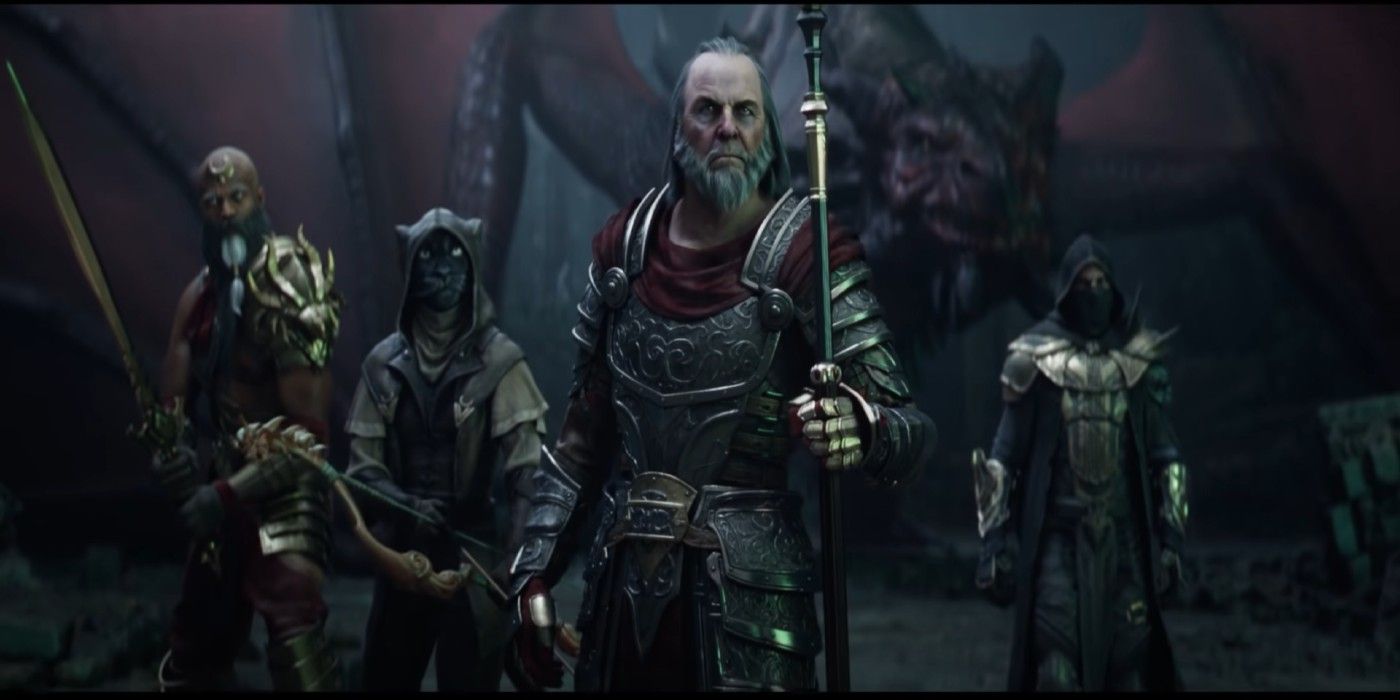 Characters from the Elder Scrolls Online stand in front of a red dragon