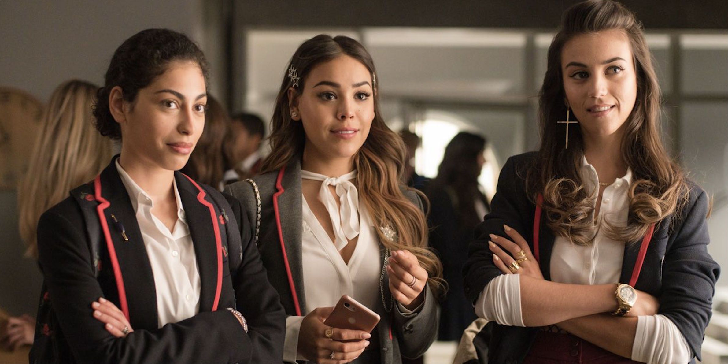 Mina El Hammani, Danna Paola, and Claudia Salas in Elite Season 3 on Netflix