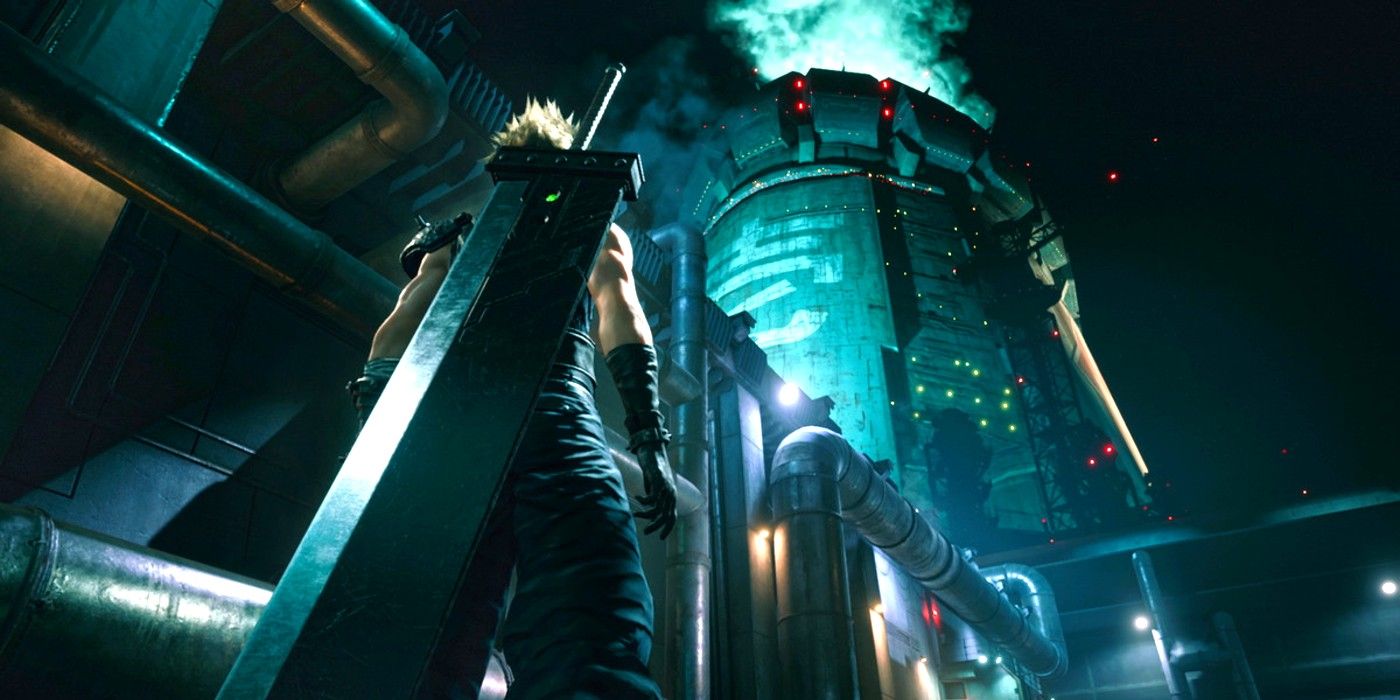 Final Fantasy 7 Remake still with Cloud looking up to a Mako Reactor