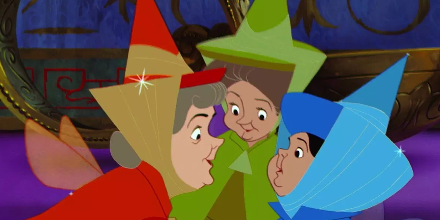 Flora talking to Fauna and Merryweather in Sleeping Beauty