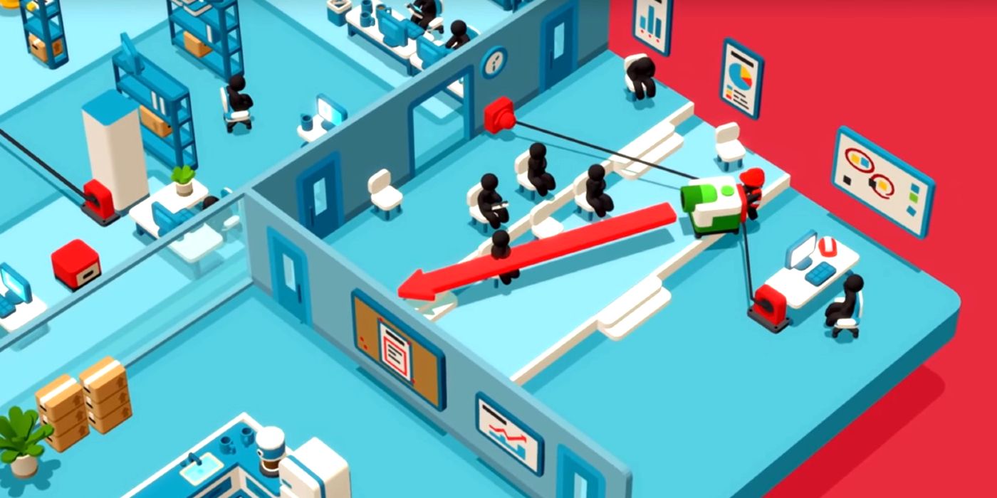 Nintendo Switch's Good Job! Game screenshot with humanoids having to angle a machine in an office with a red arrow coming out of the machine towards the wall