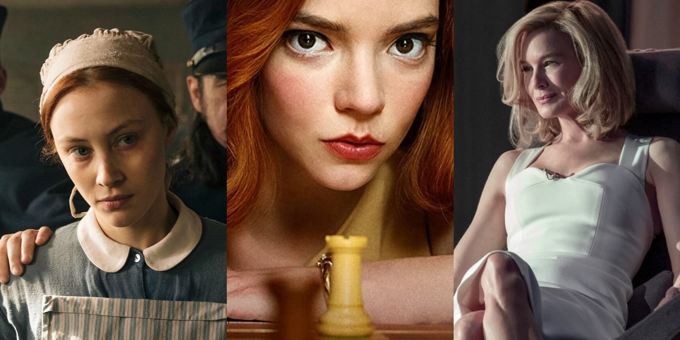 Split image showing Grace from Alias Grace, Beth from The Queen's Gambit, and Anne from What/If.