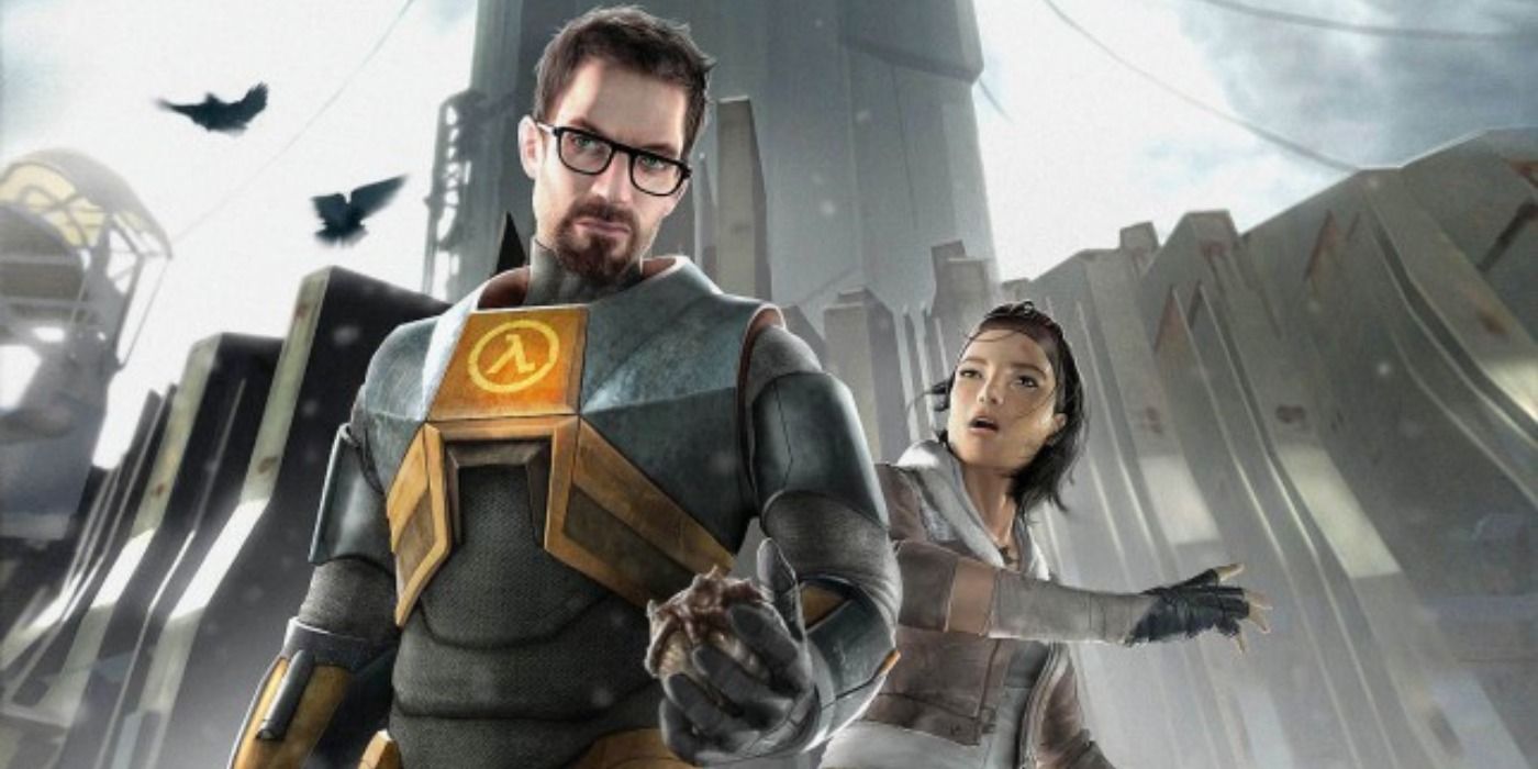 A promotional poster featuring Gordon and Alyx in the video game, Half-Life 2