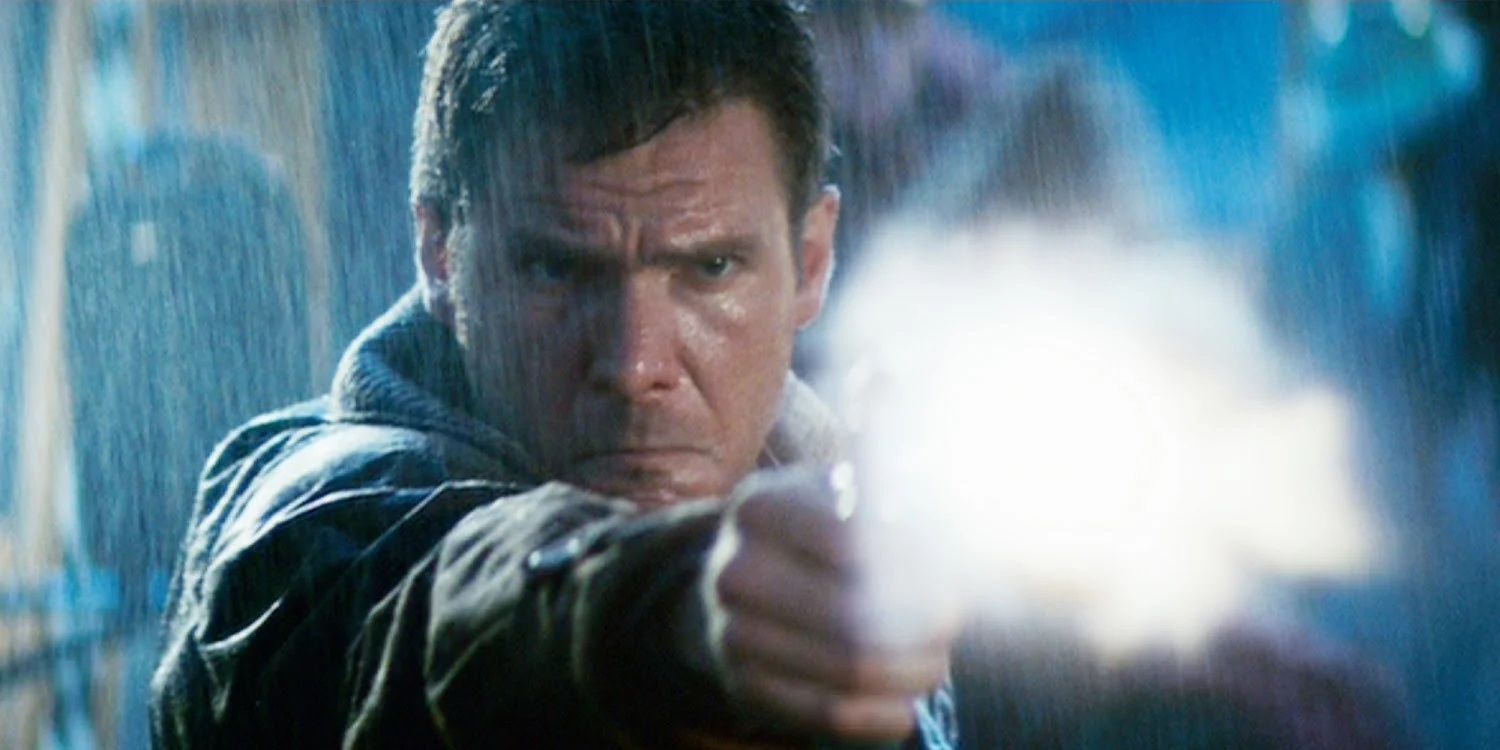 Deckard firing a gun in Blade Runner