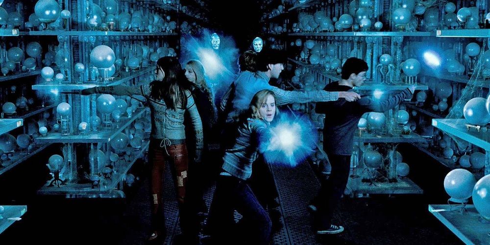 Harry and his friends preparing to fight Death Eaters in the Department of Mysteries in Harry Potter and the Order of the Phoenix