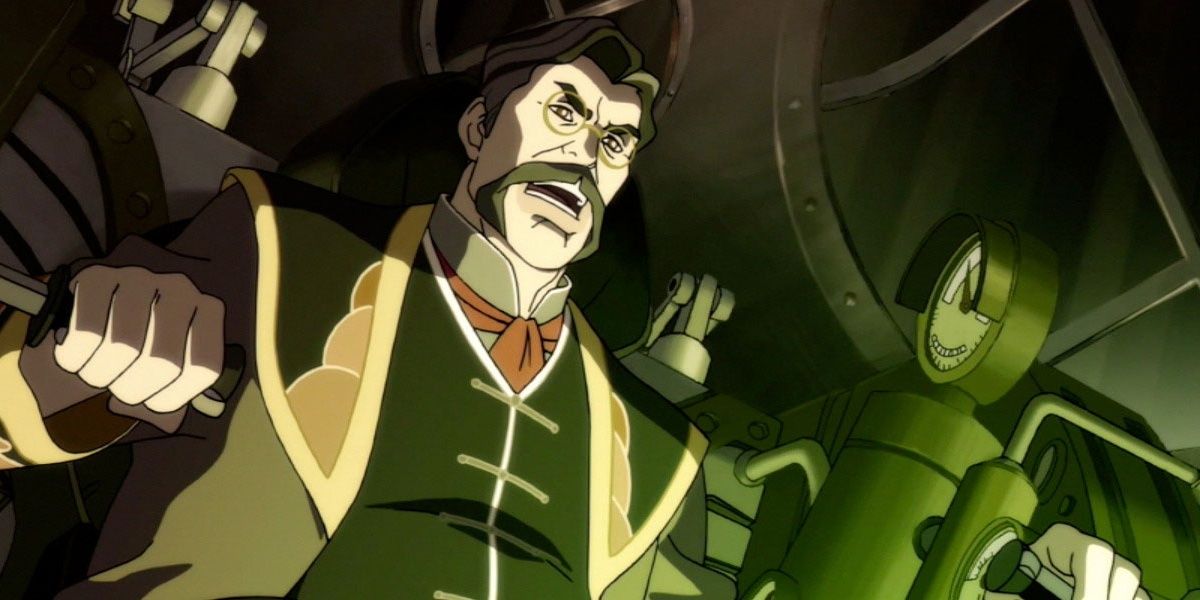 Hiroshi pulls levers on his machine in The Legend of Korra.