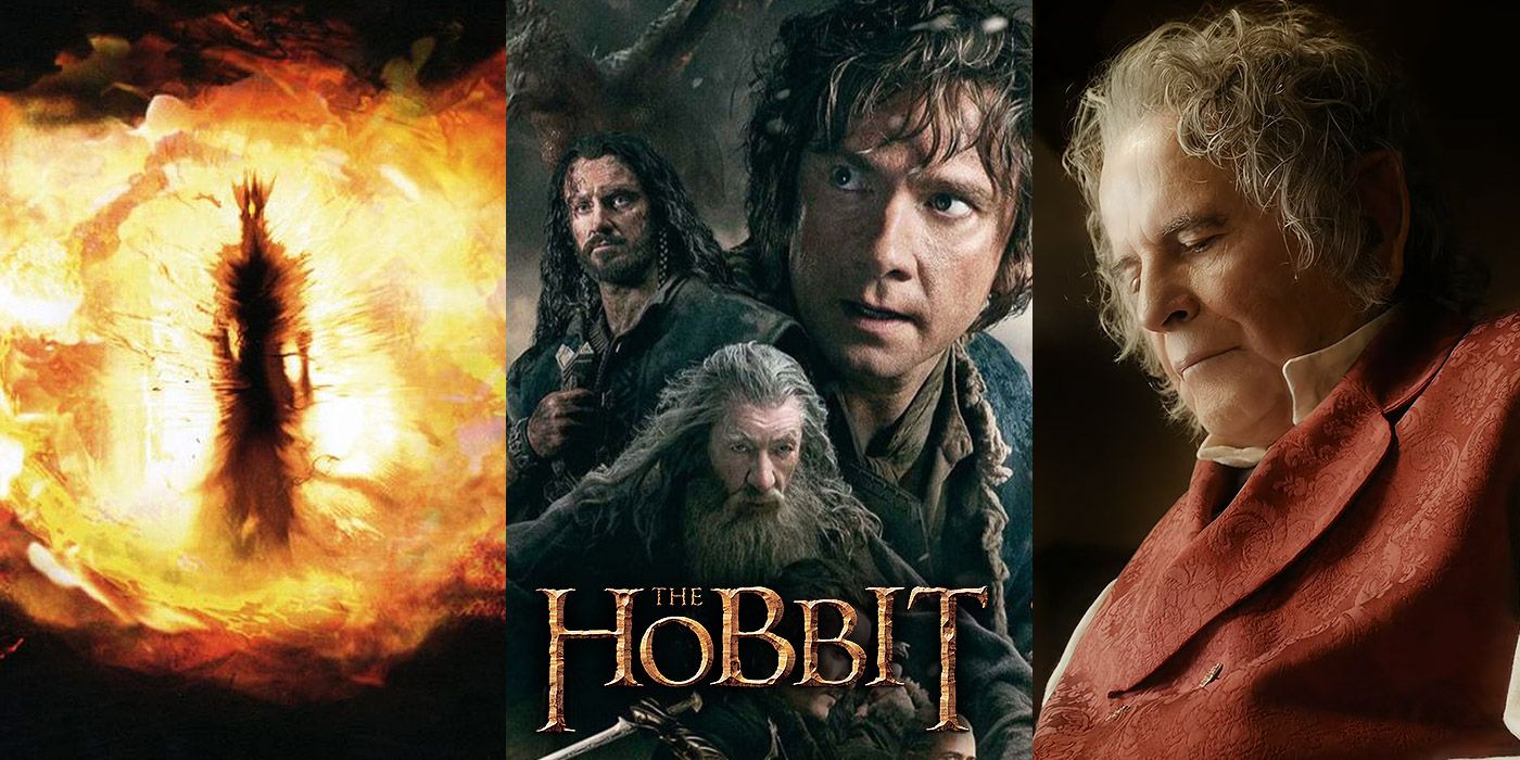 Split image of Sauron, Bilbo and Gandalf from The Hobbit