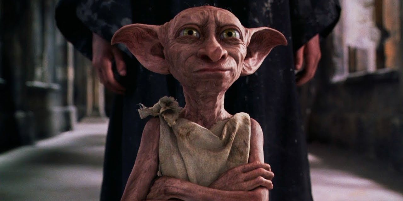 Dobby stands in front of Harry Potter in Harry Potter