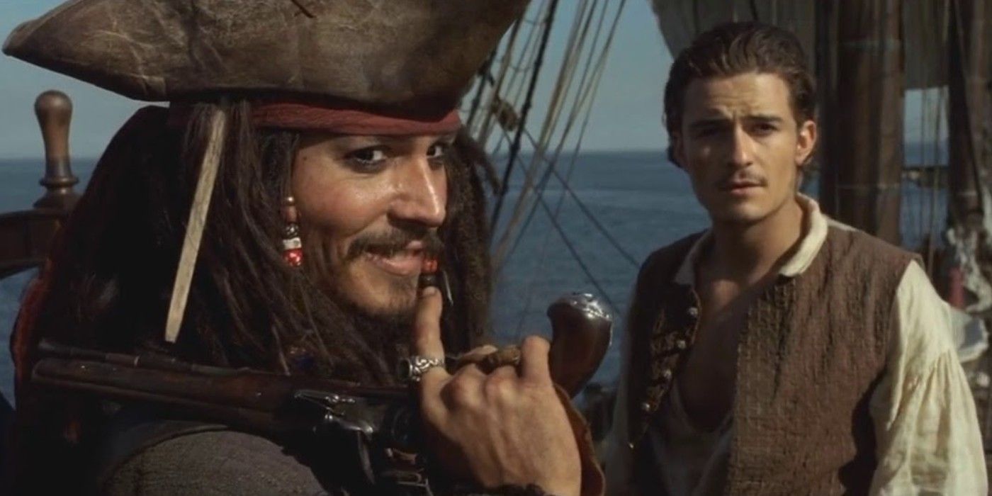 Jack smirking and Will Turner cringing in Pirates of the Caribbean