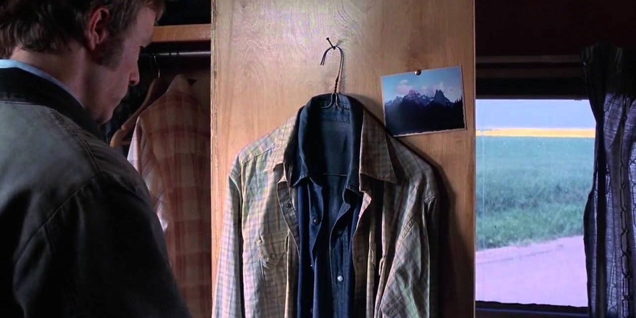 Jack and Ennis' shirts on a hanger in Brokeback Mountain