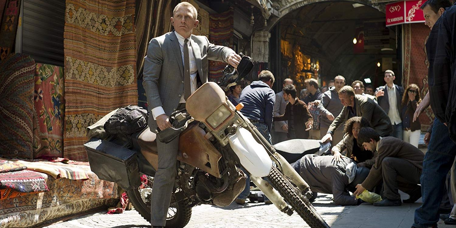 Bond rides a motorcycle in Skyfall