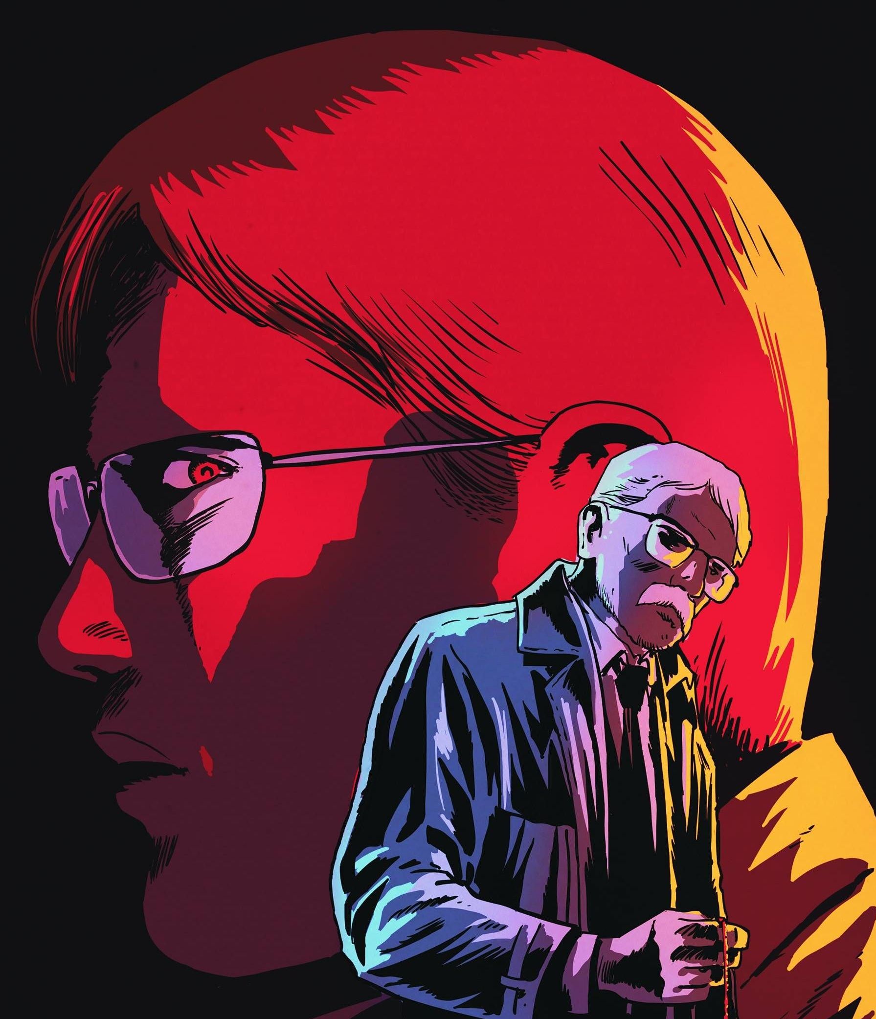 Comic book art: a small version of Commissioner Jim Gordon stands in front of a large red profile of his son, James Gordon Jr.