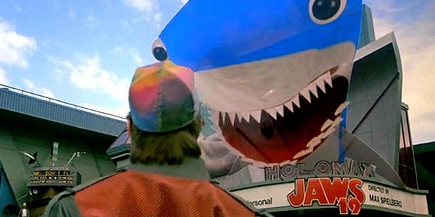 Marty looking at a giant holographic shark in Back to the Future II.