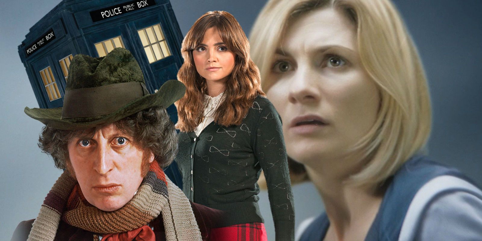 Jodie Whittaker as Thirteenth Doctor, Tom Baker as Fourth Doctor, Jenna Coleman as Clara and TARDIS in Doctor Who