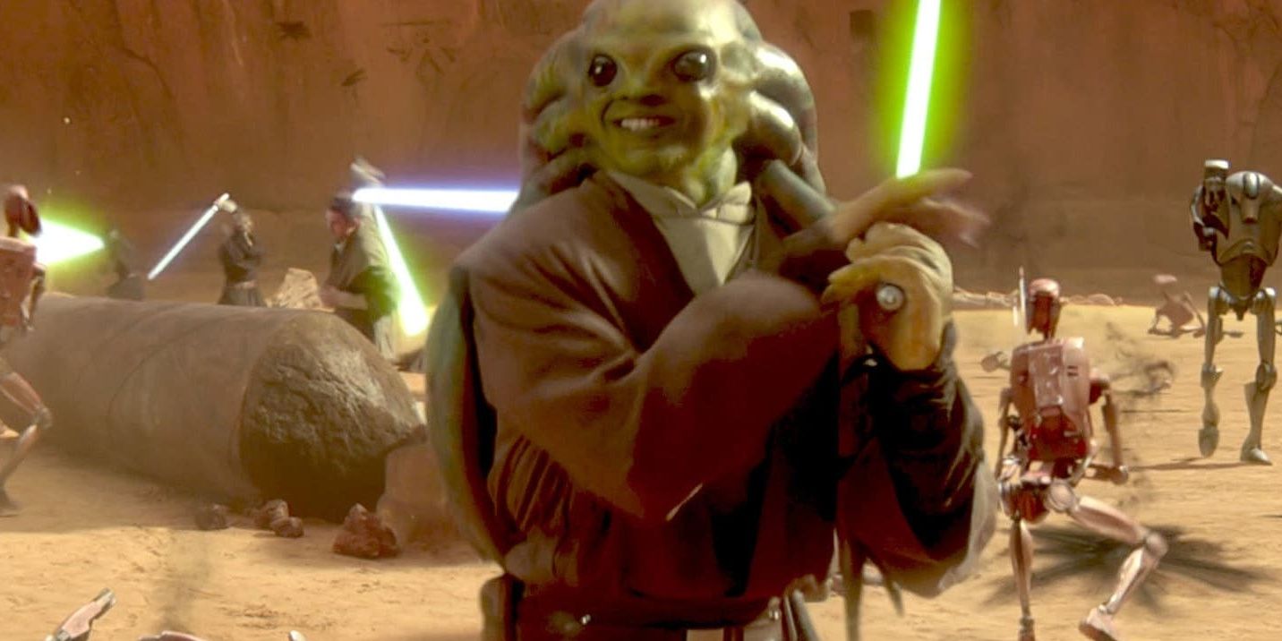 Kit Fisto smiling while killing droids during the Battle of Geonosis in attack of the Clones