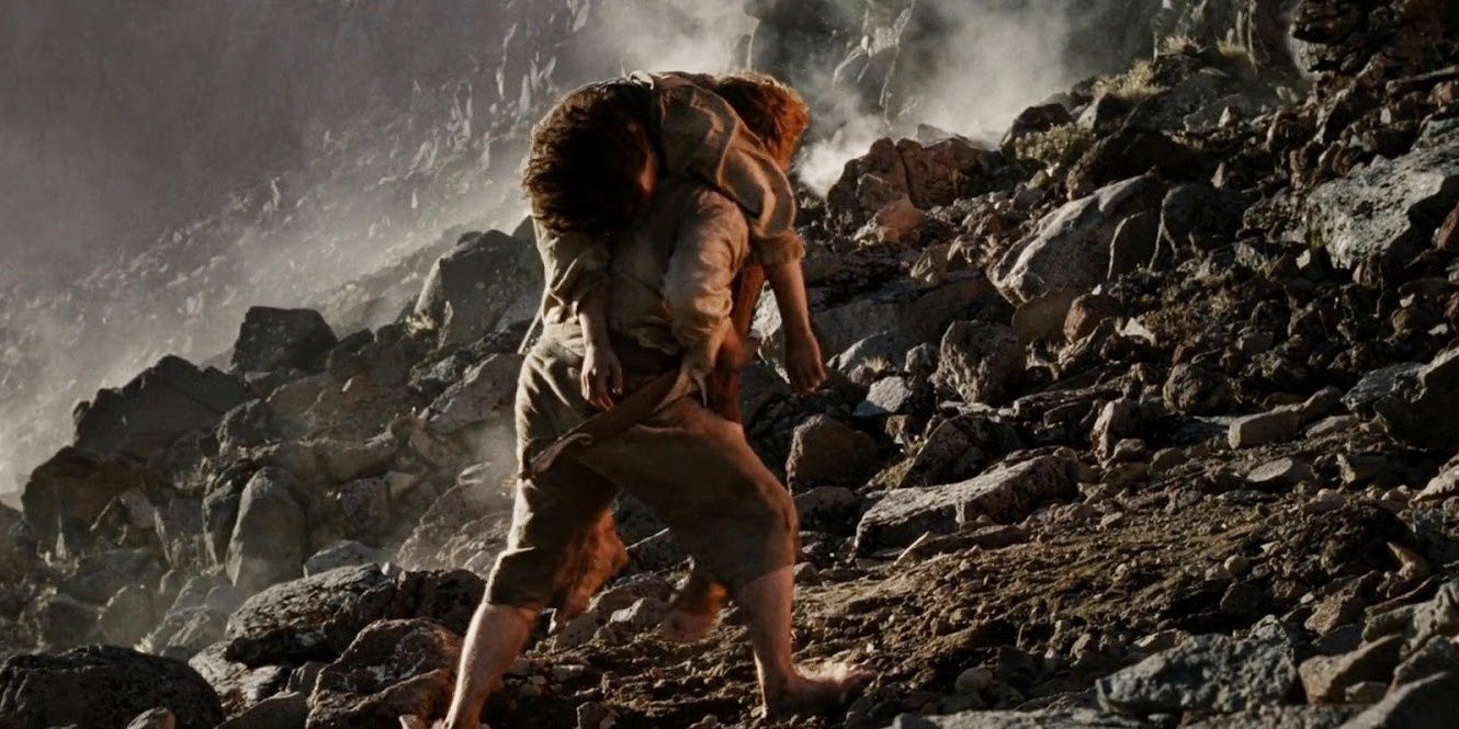 Sam carrying Frodo up Mount Doom in Lord of the Rings
