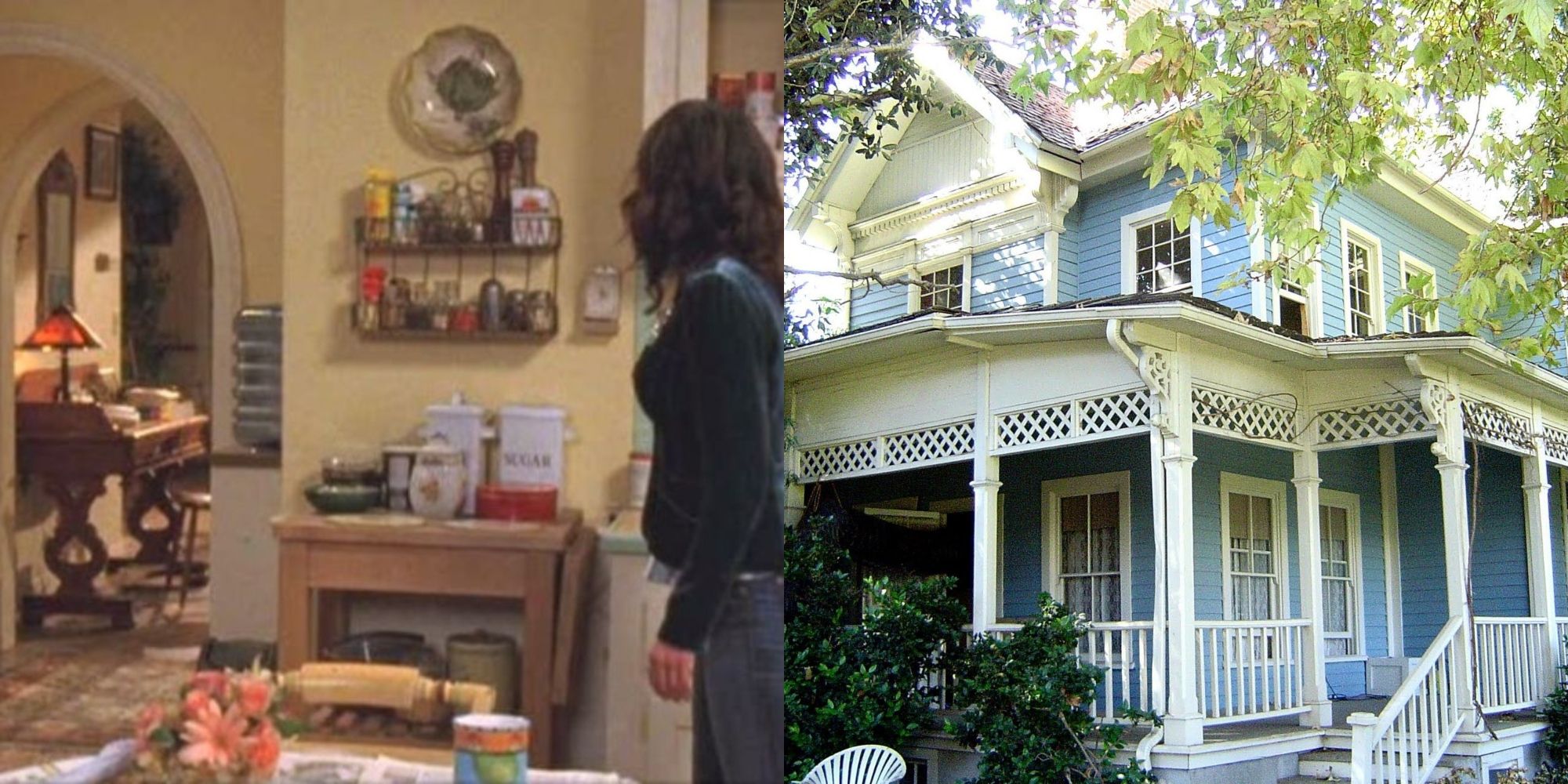 Split image of Lorelai in her living room and the outside of Lorelai's house on Gilmore Girls
