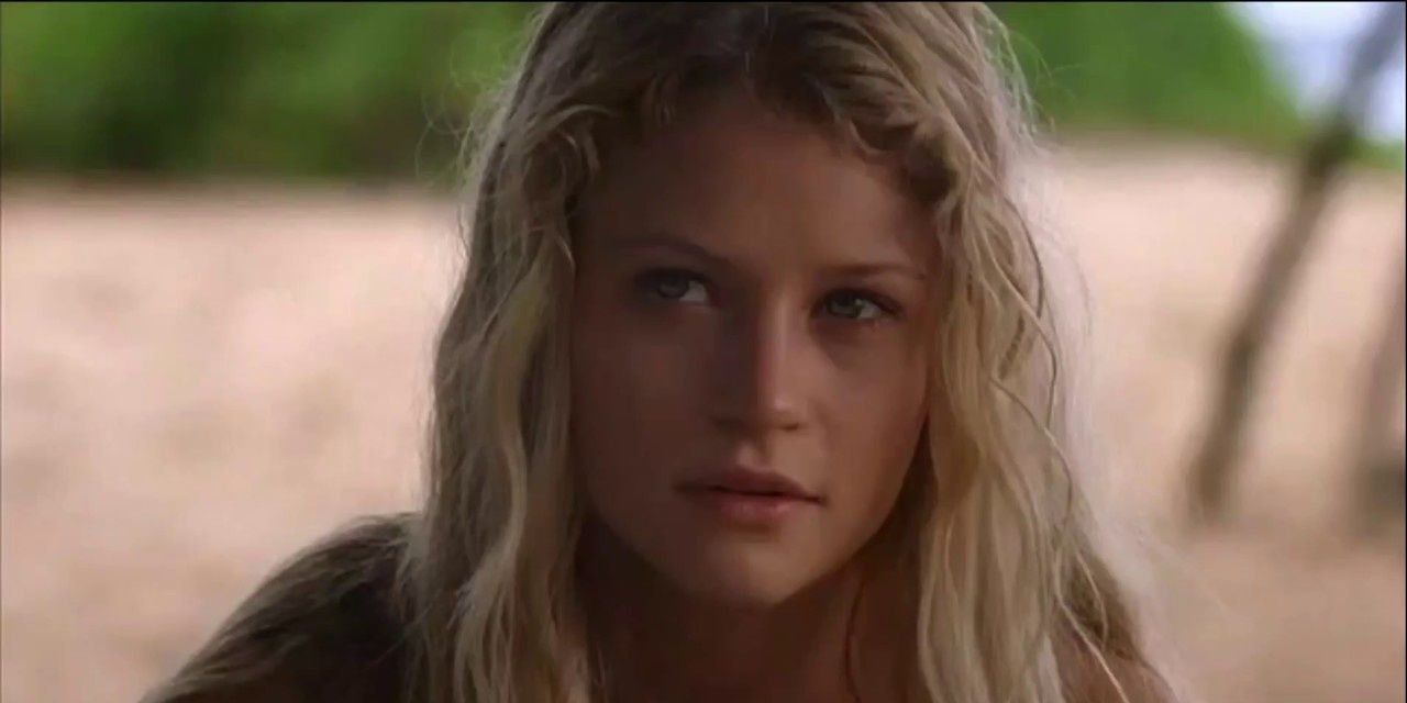 Claire looking serious on the sand on Lost